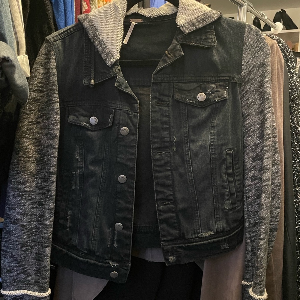 Free People Denim hooded jean jacket.  Sweatshirt material hood and sleeves.